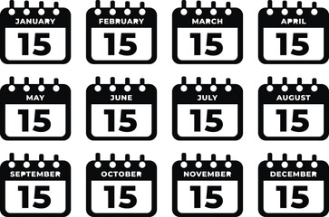 Twelve calendar icons showing the fifteenth of each month