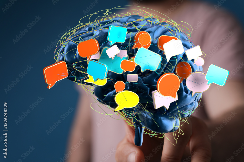 Poster conceptual image: a brain surrounded by colorful speech bubbles, symbolizing communication, ideas, a