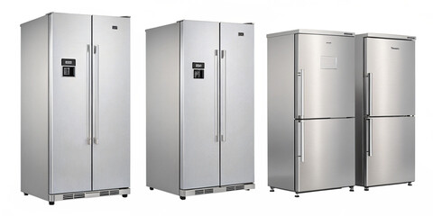 set of modern stainless steel refrigerators, isolated PNG transparent background