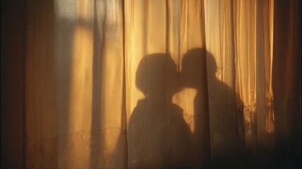 Curtain with light yellow and white colors, sunlight shining through the curtains, silhouette of two people kissing in front of it, bedroom background