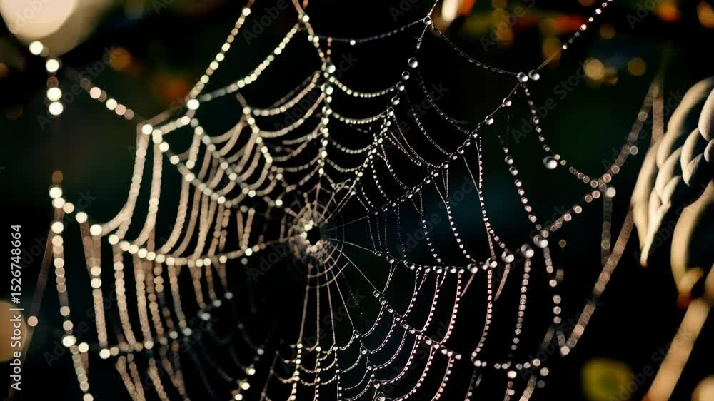 Poster macro view of dew droplets clinging to delicate spiderweb with blurred bokeh lights in nature during