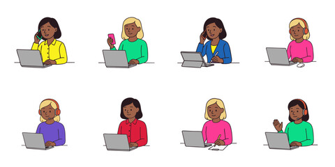 Hand-drawn set of multicultural female professionals in remote work settings. Women using laptops, phones, and headsets during online meetings and support tasks. Clean line art vector illustration