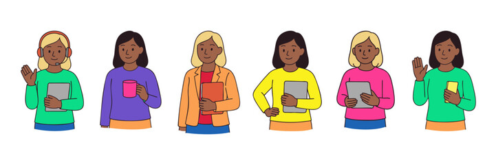 Hand-drawn set of diverse female digital professionals in casual clothing holding tablets, phones, mugs, and folders. Clean line art vector illustration isolated on white background