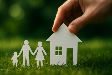 Paper Family Holding Hands with House on Green Grass: Home Ownership and Security Concept