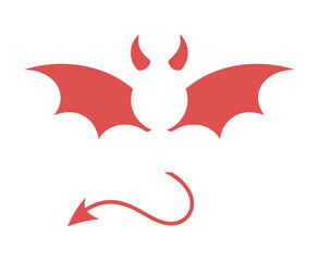 Simple Red Devil Silhouette with Wings Horns and Tail on a White Background for Halloween Designs