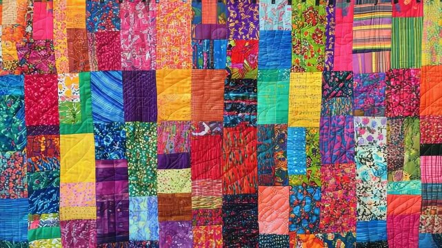 A vibrant patchwork quilt featuring an array of colorful fabrics