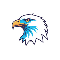 Clean vector illustration of an eagle head in profile, featuring white feathers, blue under-neck, orange beak, and intense eye. Bold, stylized design ideal for a mascot, logo, or sports team emblem.