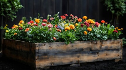 A vibrant wooden planter overflowing with colorful summer flowers in bloom.