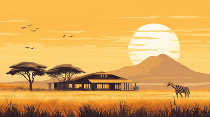 Safari lodge at sunset in an african landscape with giraffes and elephants.