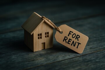 Wooden House Model with 'For Rent' Tag: Property Rental and Real Estate Market Investment Opportunities, Housing Solutions and Leasing Concepts
