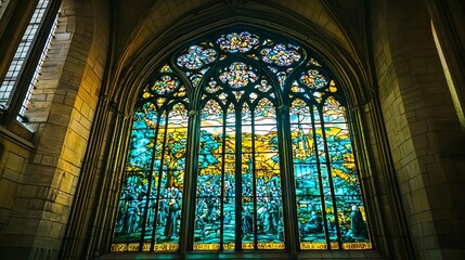 Fototapeta premium Gothic-style arched stained glass panel depicting a medieval scene with rich blues and golds. The detailed figures are outlined in black leading, creating a dramatic storytelling effect. Gothic 