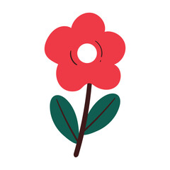 hand drawing cartoon red flower and green leaves. cute plant doodle