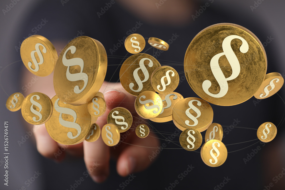 Poster abstract image of interconnected golden paragraph symbols, representing legal networks or systems.