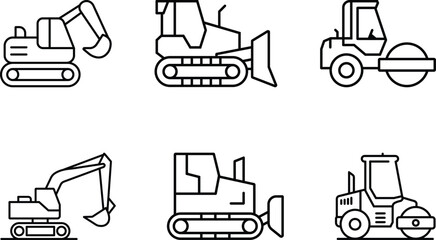 Minimalist Line Art Set of Six Construction Machines in Scalable Vector Format