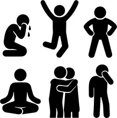 Emotional Stick Figure Icon Set – Crying, Hugging, Meditating, and More
