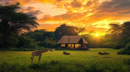 Giraffe standing near a safari lodge at sunset. African wildlife and adventure.
