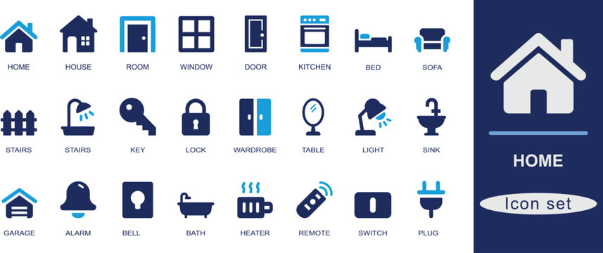 
Flat solid  home icon set with house, room, door, window, light, sofa, kitchen, bed, lock, and key. Perfect for real estate, interior, and smart home UI.