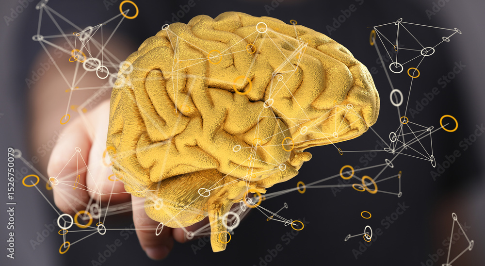 Poster abstract image of a golden brain with network connections, representing intelligence, ideas, and inn