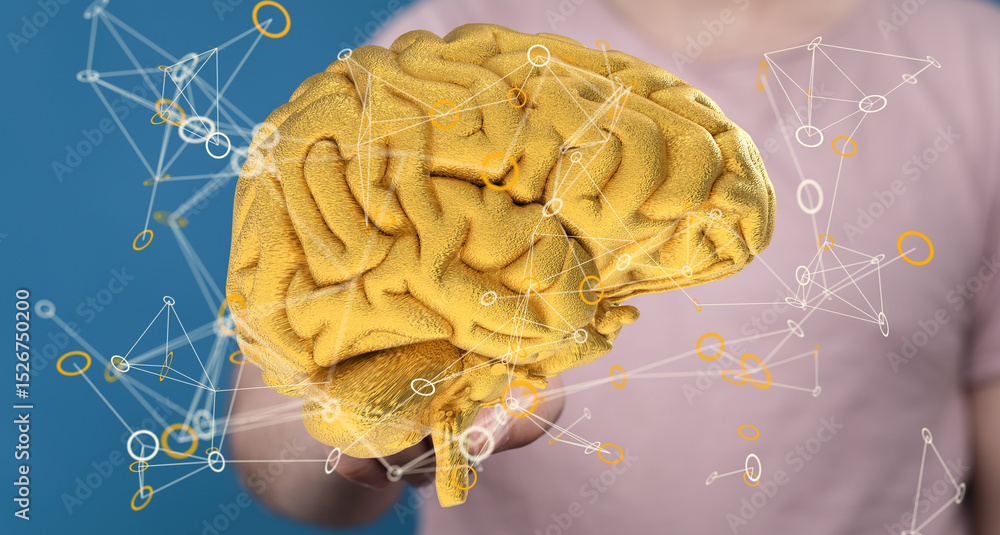 Poster 3d golden brain model. neural network concept. ai, technology, intelligence.
