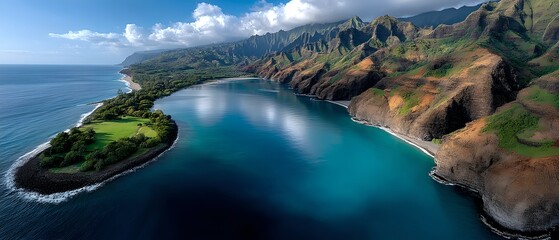 Stunning Aerial View of Lush Green Coastline Dramatic Cliffs and Turquoise Ocean Waters