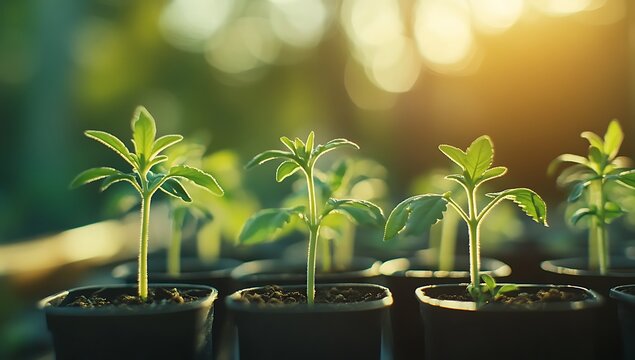 Young Green Seedlings Growing in Pots with Sunlight &ndash; Gardening and Eco Agriculture Concept
