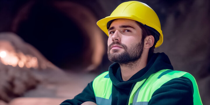 A young male construction worker in a hard hat and reflective vest looks thoughtfully to the side against the blurred background of the tunnel entrance