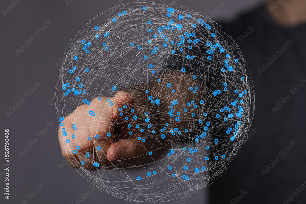 Poster Abstract image of a hand interacting with a digital global network, representing connection and technology.