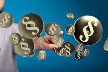 Abstract image of hand and floating paragraph symbols.  Perfect for legal, compliance, or law...