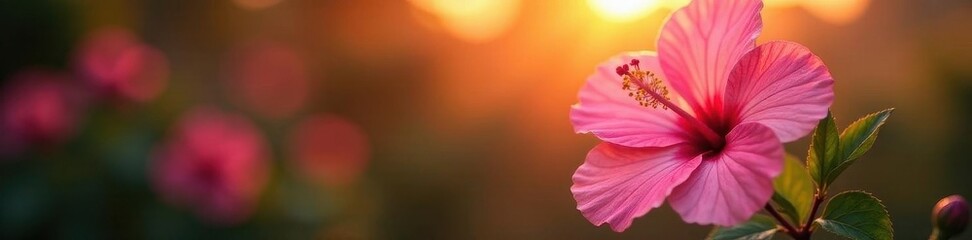 Fototapeta premium Soft pink hibiscus, glowing sunset hues Delicate petals, fiery backdrop , delicate, red, sunset