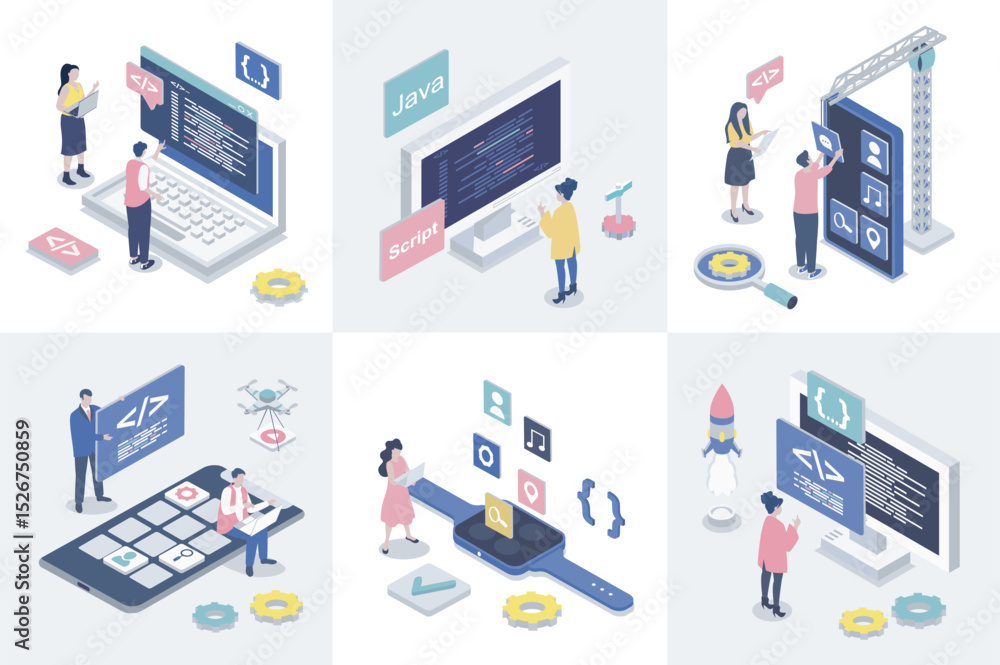 Fototapete App development 3d isometry concept for web design. Collection set with isometric people programming applications, creating interface layouts, making settings and optimization. Vector illustration.