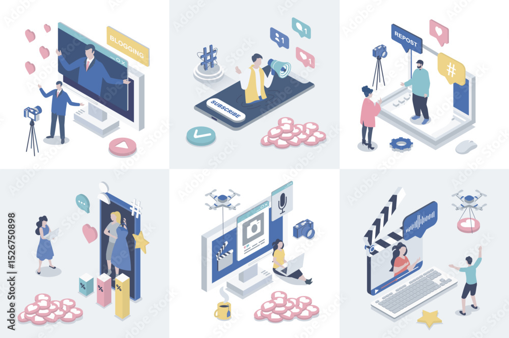 Aufkleber Blogging 3d isometry concept for web design. Collection set with isometric people creating video content, making new posts in social media, advertising and attracting followers. Vector illustration.