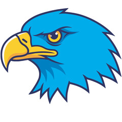 Vibrant vector illustration of an eagle head in profile, featuring bold blue feathers, sharp yellow beak, and intense orange-yellow eye. Clean, strong lines perfect for a mascot, logo, or sports team 