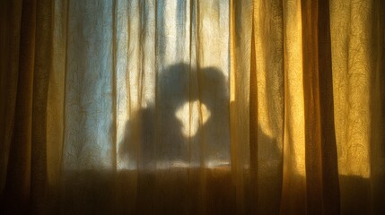 Curtain with light yellow and white colors, sunlight shining through the curtains, silhouette of two people kissing in front of it, bedroom background