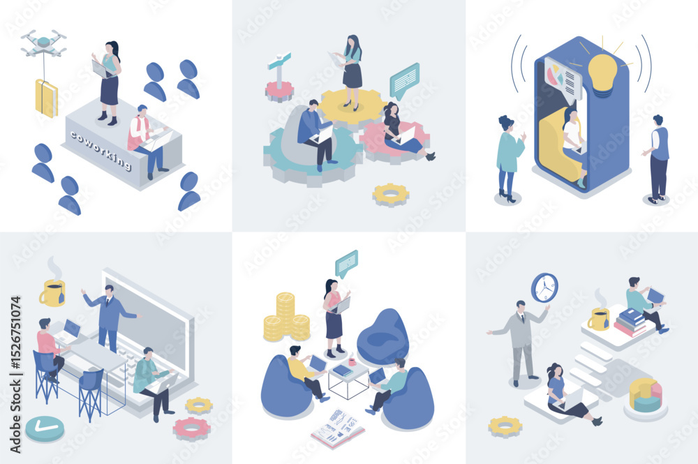 Aufkleber coworking 3d isometry concept for web design. collection set with isometric people work in office sp