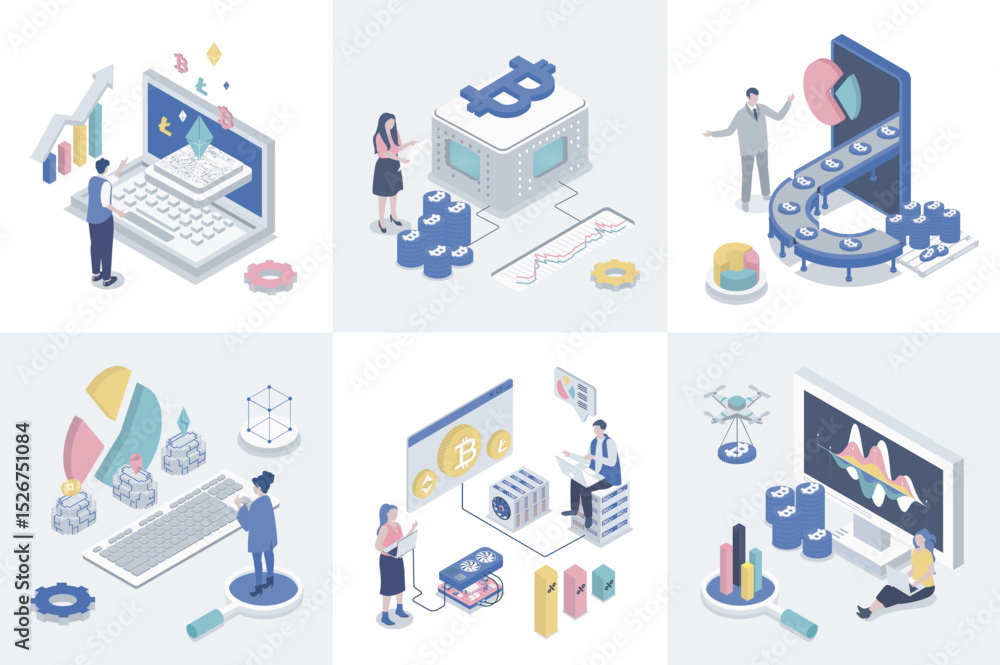 Aufkleber Cryptocurrency 3d isometry concept for web design. Collection set with isometric people making crypto business, invest in bitcoins, trading and mining coins at virtual platforms. Vector illustration.