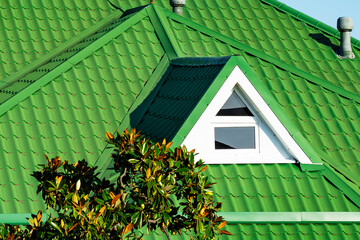 Dormer window on a roof with green tiles. Growing nearby Mognolia. Lucarne