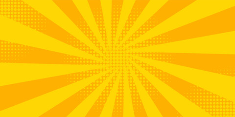 Abstract orange comic background. Art pop cartoon backdrop. Halftone effect pattern. Fun anime texture. Starburst manga style bg. Mark popart radial gradient. Spiral, swirl, comic rays.