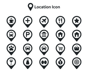 Set of Location Pin Icons for Various Places and Services Including Restaurant Coffee Shop Transportation and Shopping in Black and White