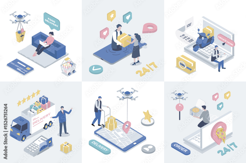 Poster delivery 3d isometry concept for web design. collection set with isometric people getting food deliv
