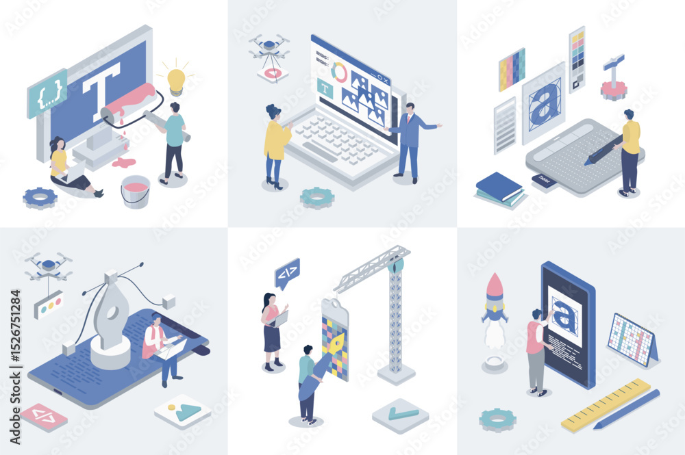 Fototapete Designer studio 3d isometry concept for web design. Collection set with isometric people creating interface layouts and graphic content, using drawing tools and typescripts. Vector illustration.