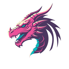 Vibrant vector illustration of a stylized dragon head in pink and purple, with sharp details and teal eyes. Bold color blocking on a teal and hot pink background, perfect for modern branding, gaming, 