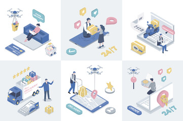 Delivery 3d isometry concept for web design. Collection set with isometric people getting food delivering with drones and couriers, truck transportation, tracking parcels in app. Vector illustration.