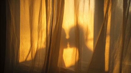 Curtain with light yellow and white colors, sunlight shining through the curtains, silhouette of two people kissing in front of it, bedroom background