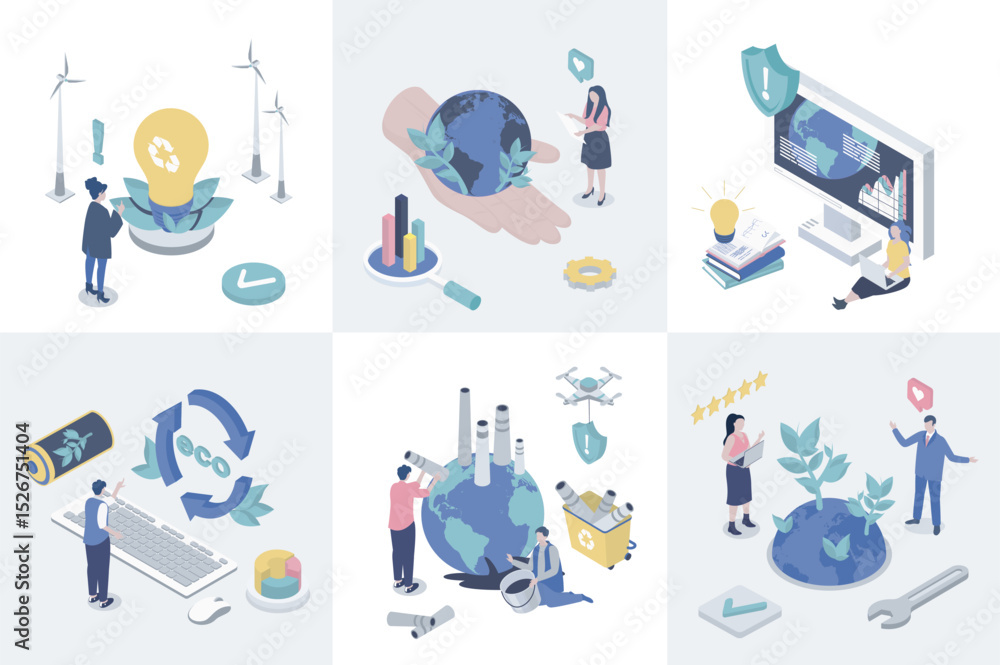 Aufkleber Ecology 3d isometry concept for web design. Collection set with isometric people using waste management and recycling technology, alternative energy for save planet and climate. Vector illustration.