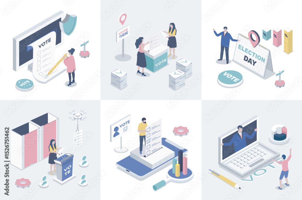 Aufkleber Election and voting 3d isometry concept for web design. Collection set with isometric people using inline vote system, making democratic choices, supporting political candidates. Vector illustration.
