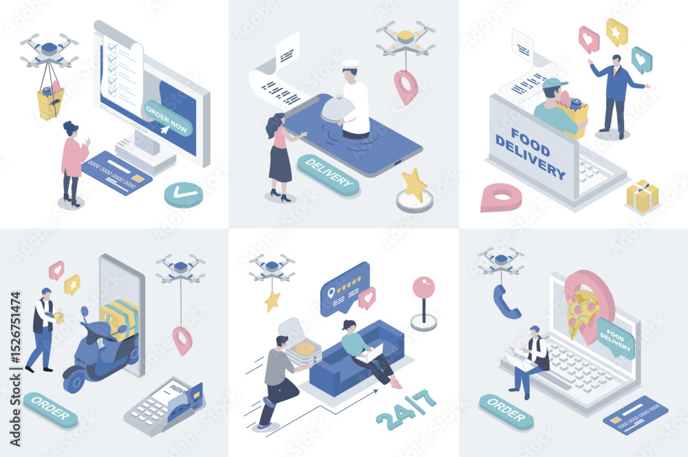 Aufkleber Food delivery 3d isometry concept for web design. Collection set with isometric people ordering online pizza or grocery menu in bags, using fast courier shipping service to home. Vector illustration.