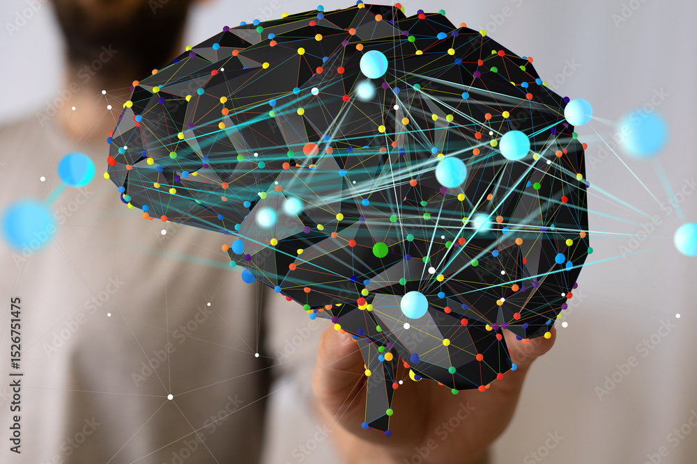 Poster Abstract brain model.  Concept of artificial intelligence, neural networks, and data connections.