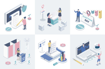 Election and voting 3d isometry concept for web design. Collection set with isometric people using inline vote system, making democratic choices, supporting political candidates. Vector illustration.