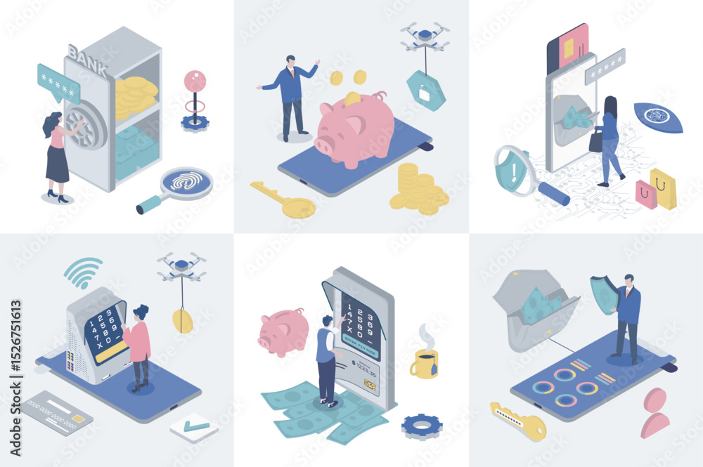 Aufkleber mobile banking 3d isometry concept for web design. collection set with isometric people saving money