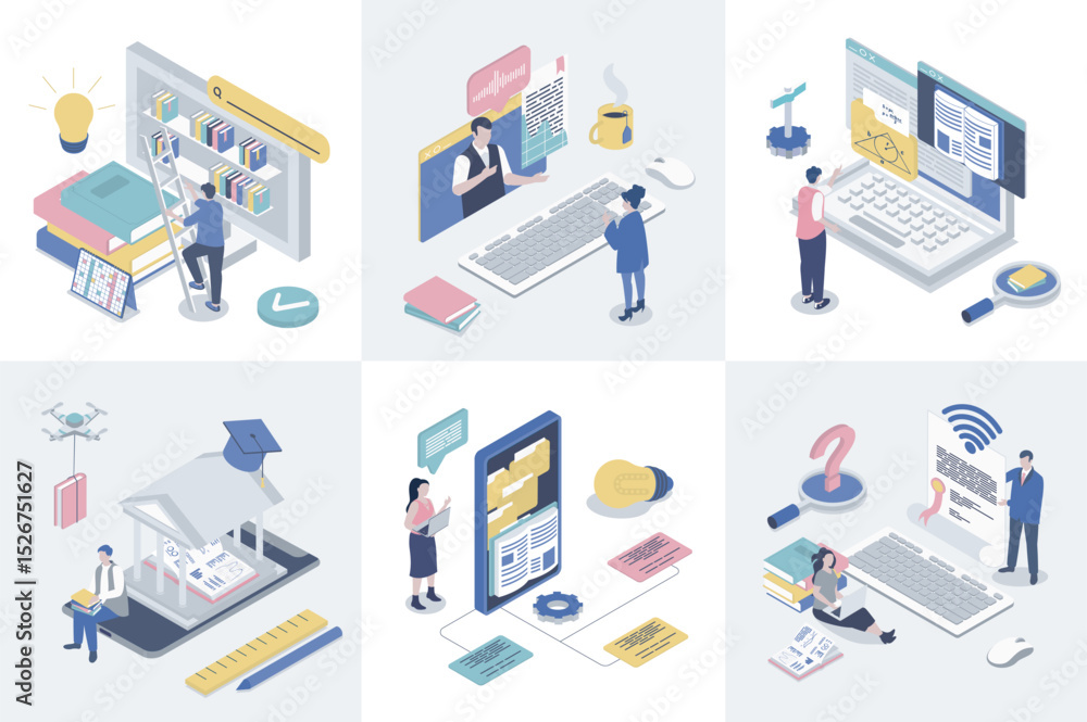 Poster online education 3d isometry concept for web design. collection set with isometric people studying d